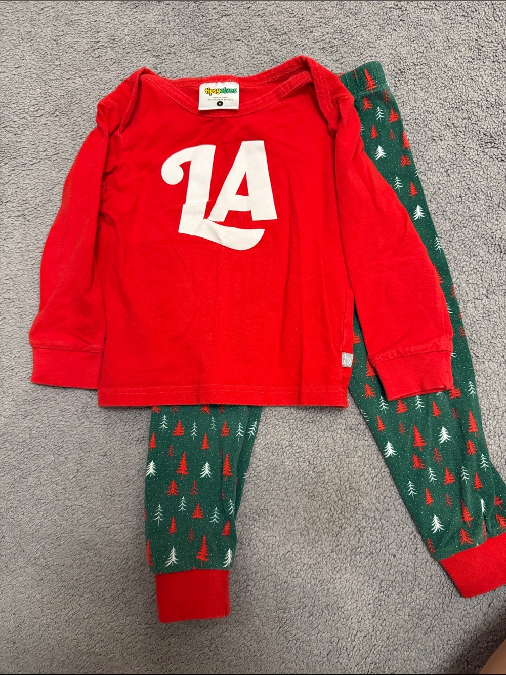 Tipsy Elves Red Top with Green Tree-Print Pajama Set